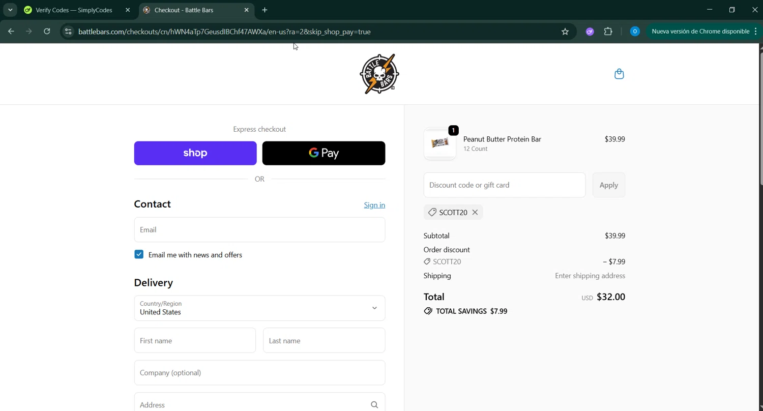 Battle Bars promo code screenshot showing code SCOTT20 applied at Battle Bars checkout page. Uploaded by SimplyCodes community member GoldAdmiral5202 on Oct 27, 2025