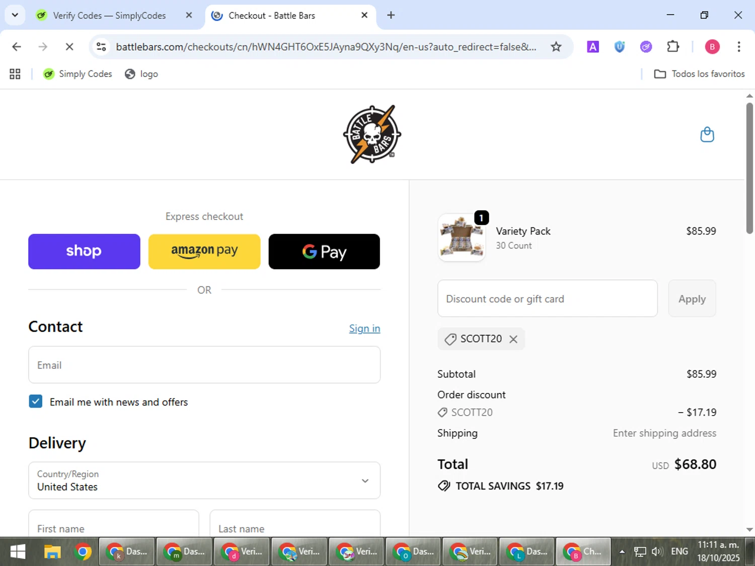 Battle Bars promo code screenshot showing code SCOTT20 applied at Battle Bars checkout page. Uploaded by SimplyCodes community member bombontropical on Oct 18, 2025