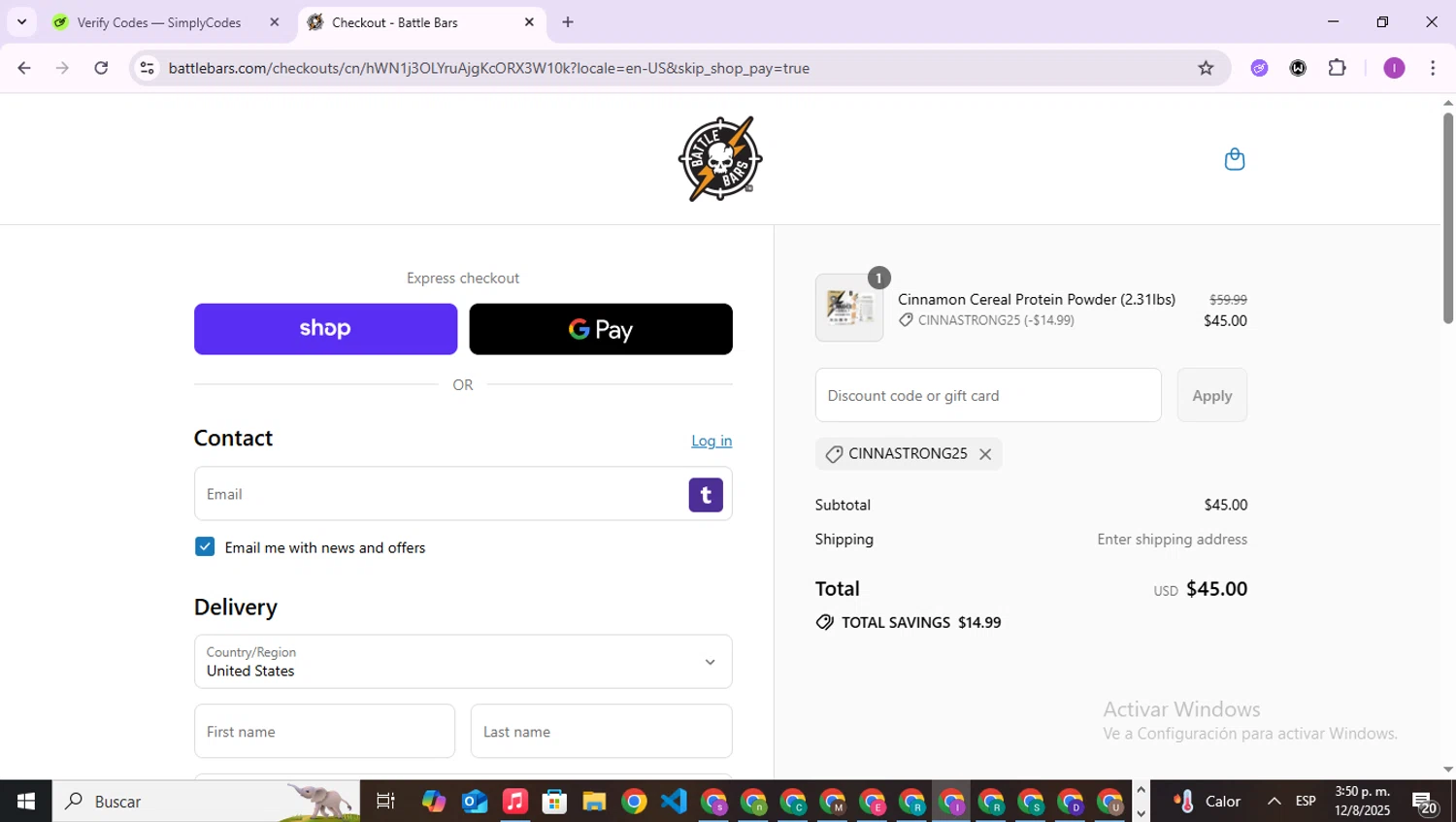 Battle Bars promo code screenshot showing code CINNASTRONG25 applied at Battle Bars checkout page. Uploaded by SimplyCodes community member RebateAce6764 on Aug 12, 2025