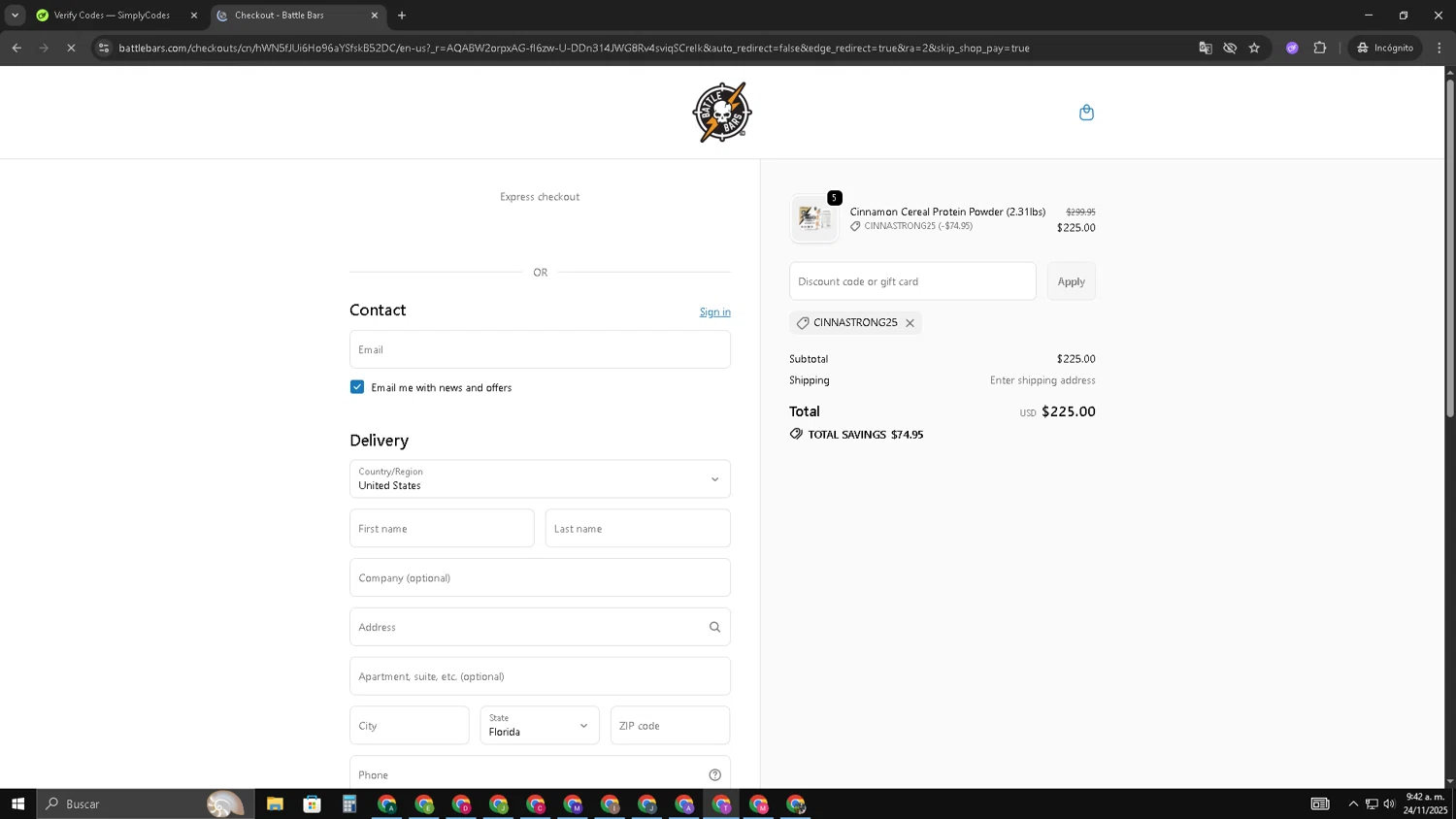 Battle Bars promo code screenshot showing code CINNASTRONG25 applied at Battle Bars checkout page. Uploaded by SimplyCodes community member ShrewdSleuth9497 on Nov 24, 2025