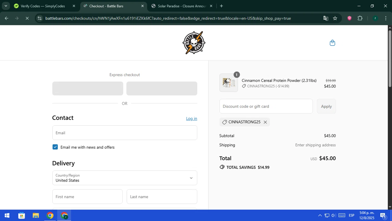 Battle Bars promo code screenshot showing code CINNASTRONG25 applied at Battle Bars checkout page. Uploaded by SimplyCodes community member rodri1 on Aug 12, 2025