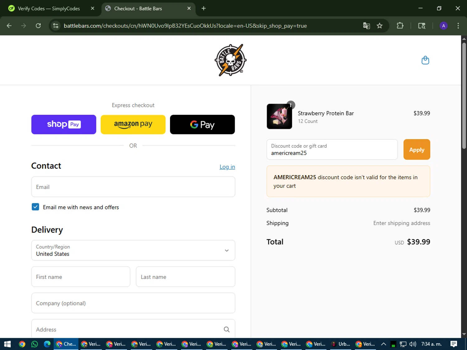 Battle Bars promo code screenshot showing code americream25 applied at Battle Bars checkout page. Uploaded by SimplyCodes community member MagnificentWarden4603 on Jul 11, 2025