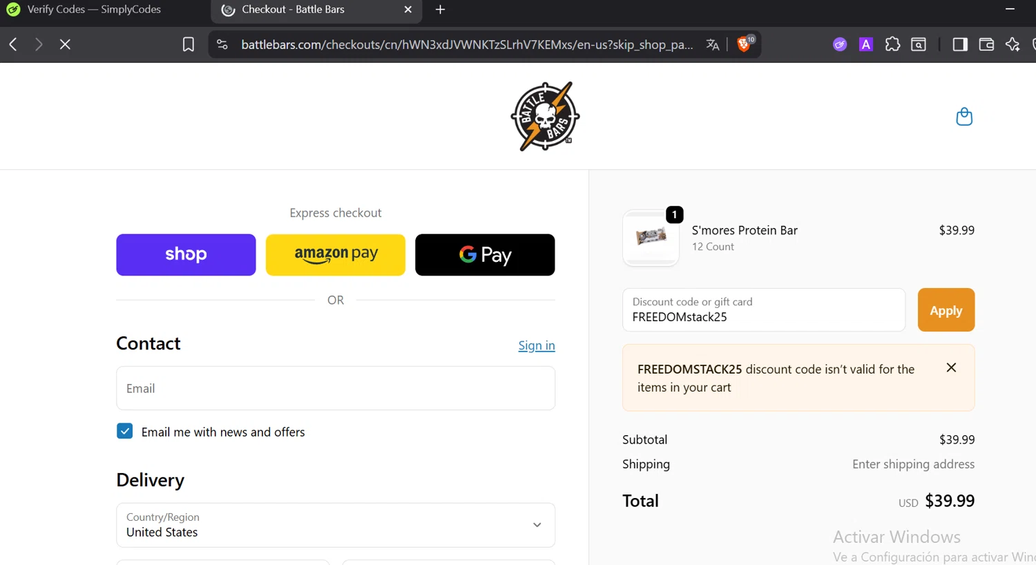Battle Bars promo code screenshot showing code FREEDOMstack25 applied at Battle Bars checkout page. Uploaded by SimplyCodes community member CashElite5536 on Oct 10, 2025