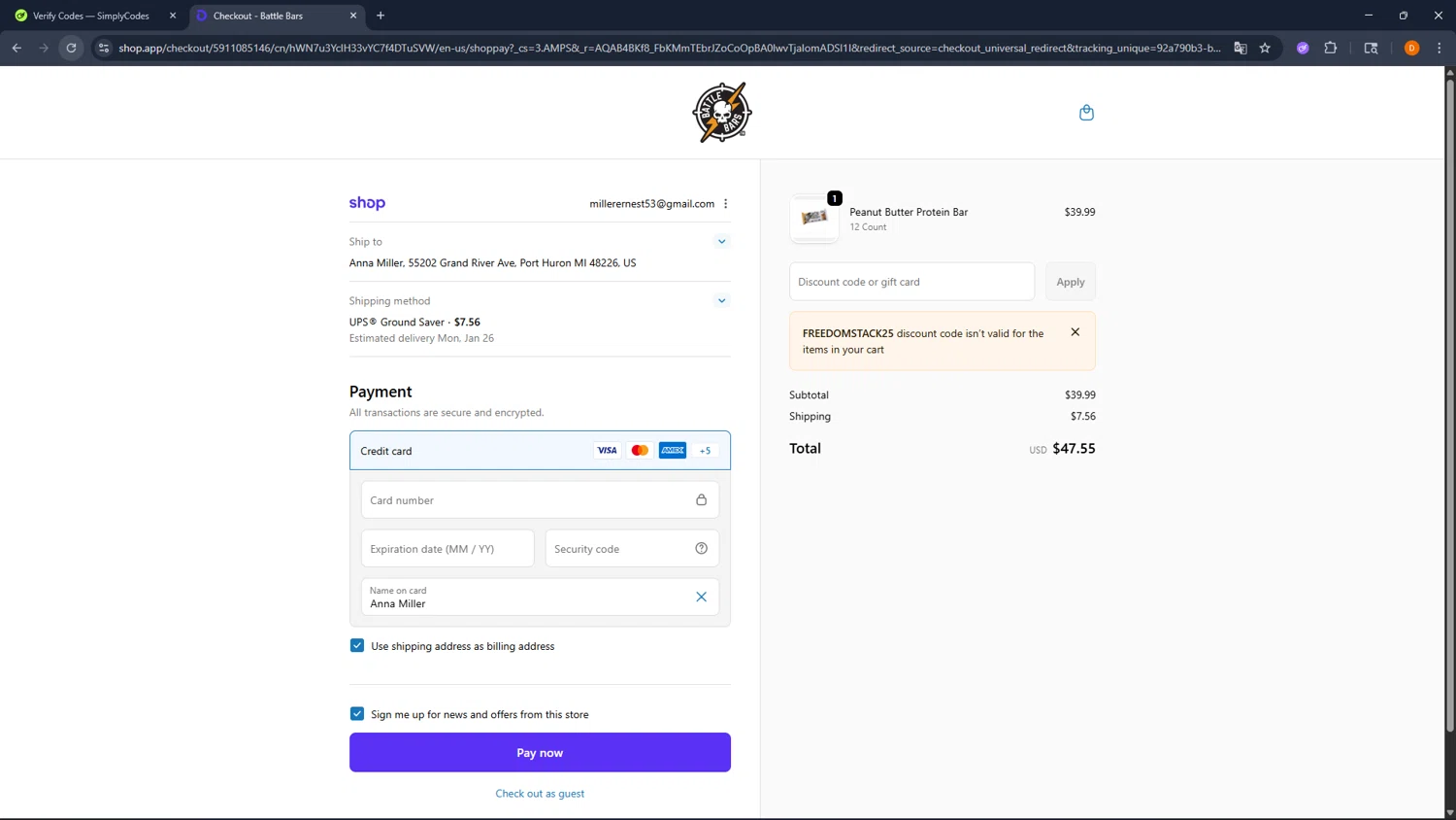 Battle Bars promo code screenshot showing code FREEDOMstack25 applied at Battle Bars checkout page. Uploaded by SimplyCodes community member FrugalFalcon351 on Jan 22, 2026