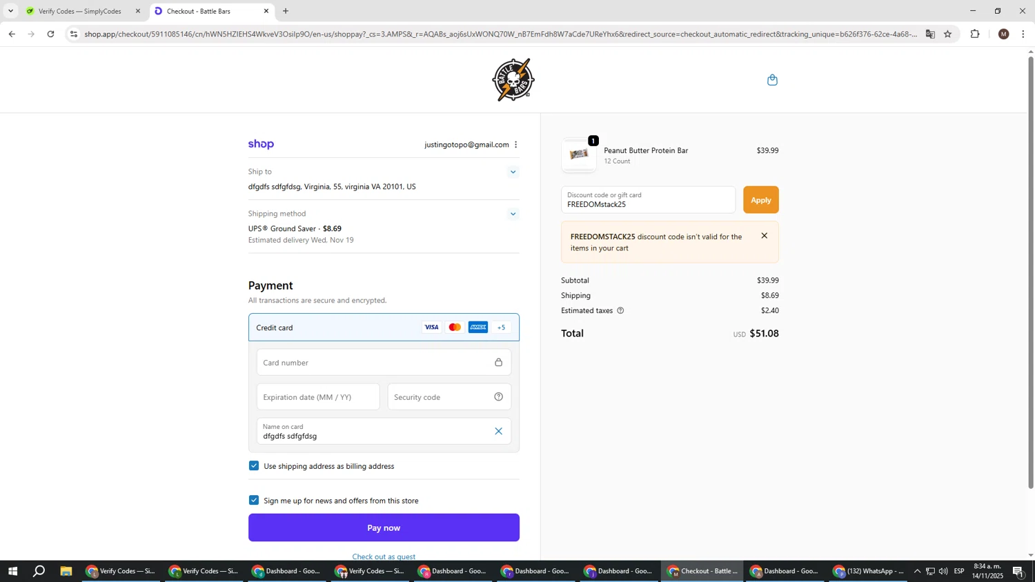 Battle Bars promo code screenshot showing code FREEDOMstack25 applied at Battle Bars checkout page. Uploaded by SimplyCodes community member KTMCRF on Nov 14, 2025