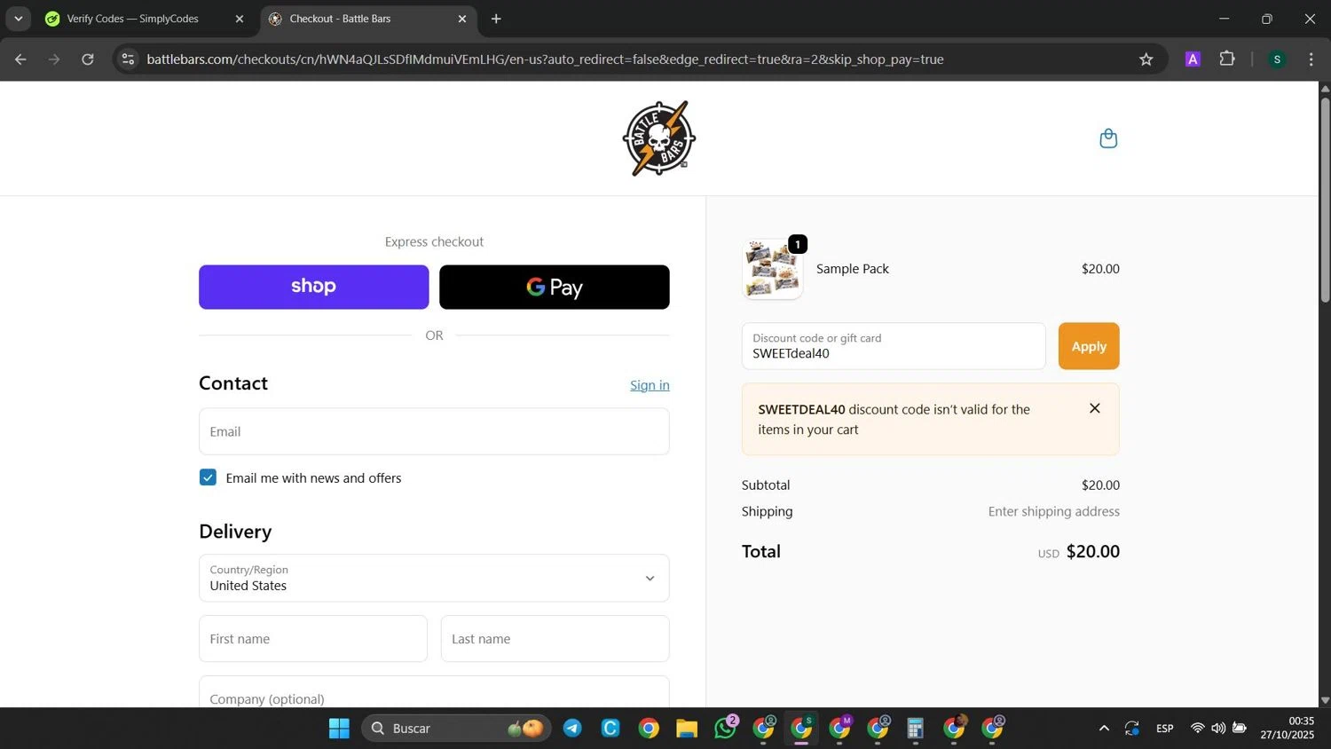 Battle Bars promo code screenshot showing code SWEETdeal40 applied at Battle Bars checkout page. Uploaded by SimplyCodes community member SaleHunter9008 on Oct 27, 2025