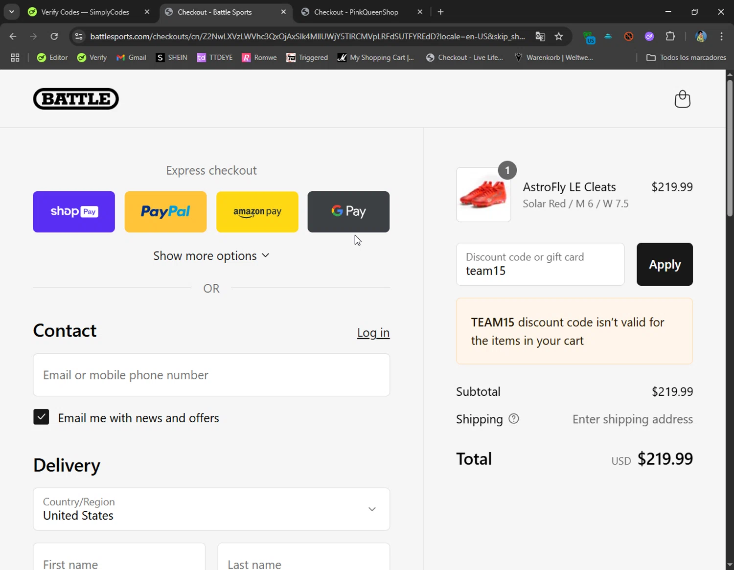 Battle Sports coupon code screenshot showing code team15 applied at Battle Sports checkout page. Uploaded by SimplyCodes community member CoolMcCool on Jun 21, 2025