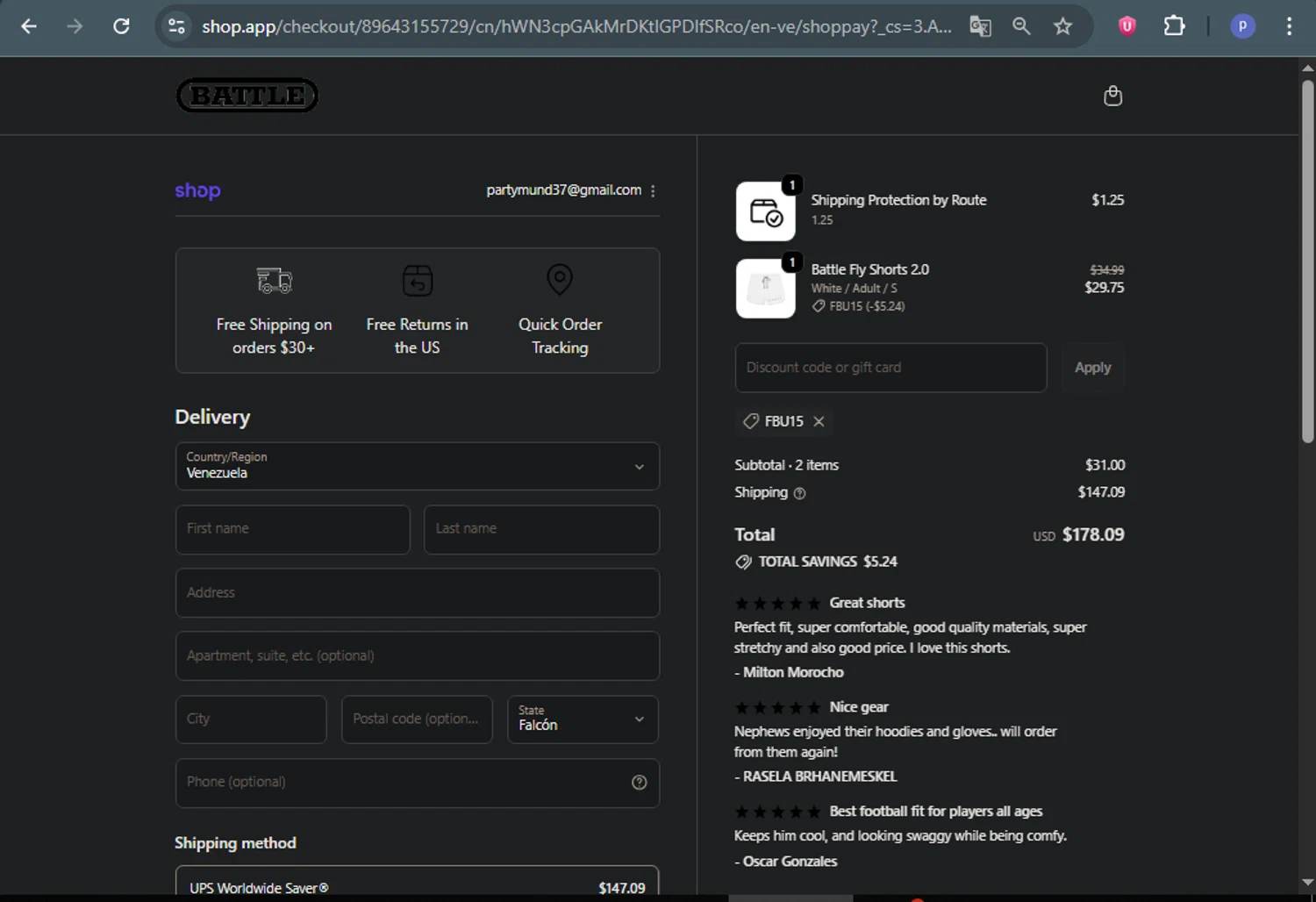 Battle Sports coupon code screenshot showing code FBU15 applied at Battle Sports checkout page. Uploaded by SimplyCodes community member DealAce9542 on Oct 1, 2025