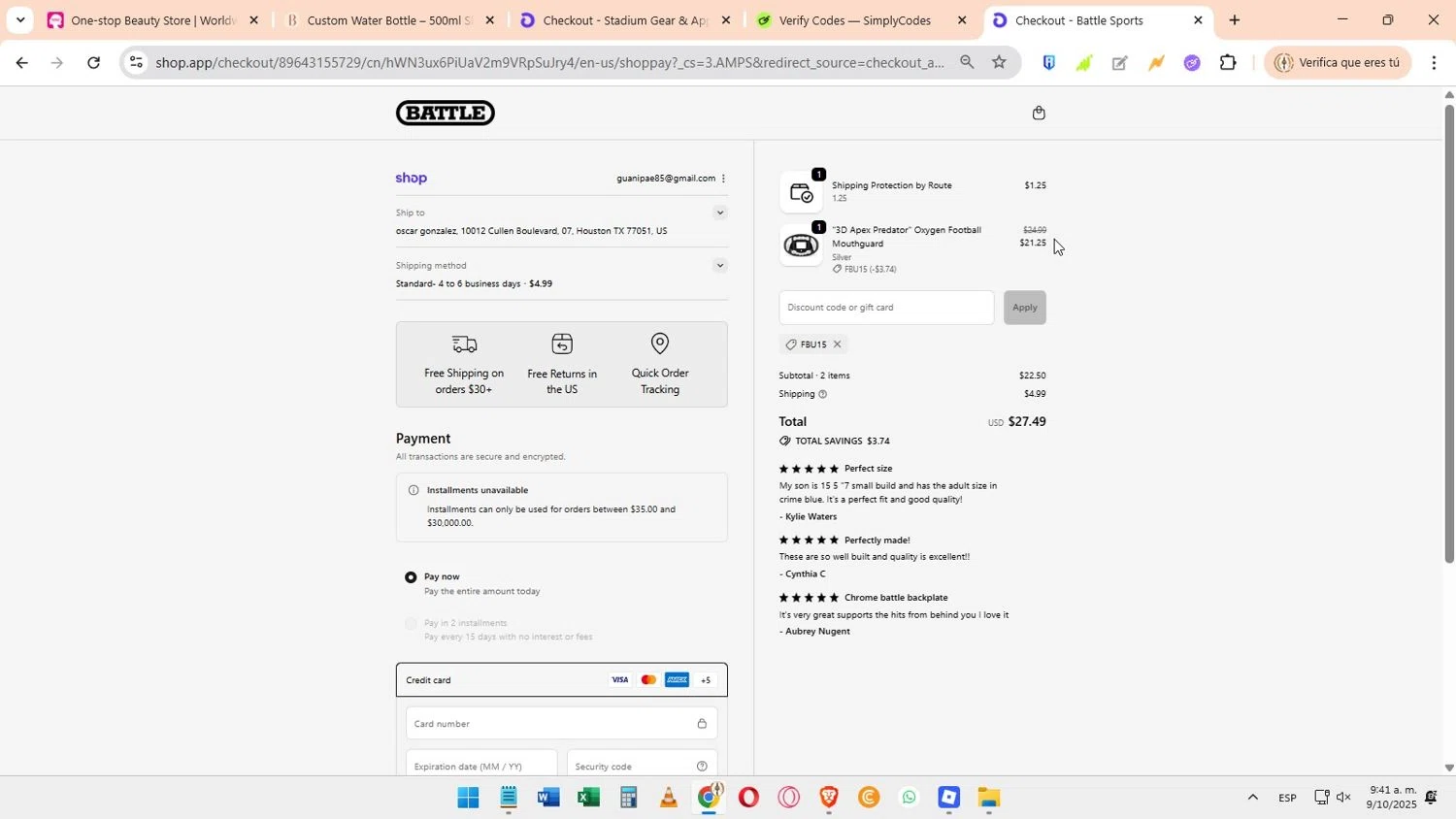 Battle Sports coupon code screenshot showing code FBU15 applied at Battle Sports checkout page. Uploaded by SimplyCodes community member Elimix on Oct 9, 2025