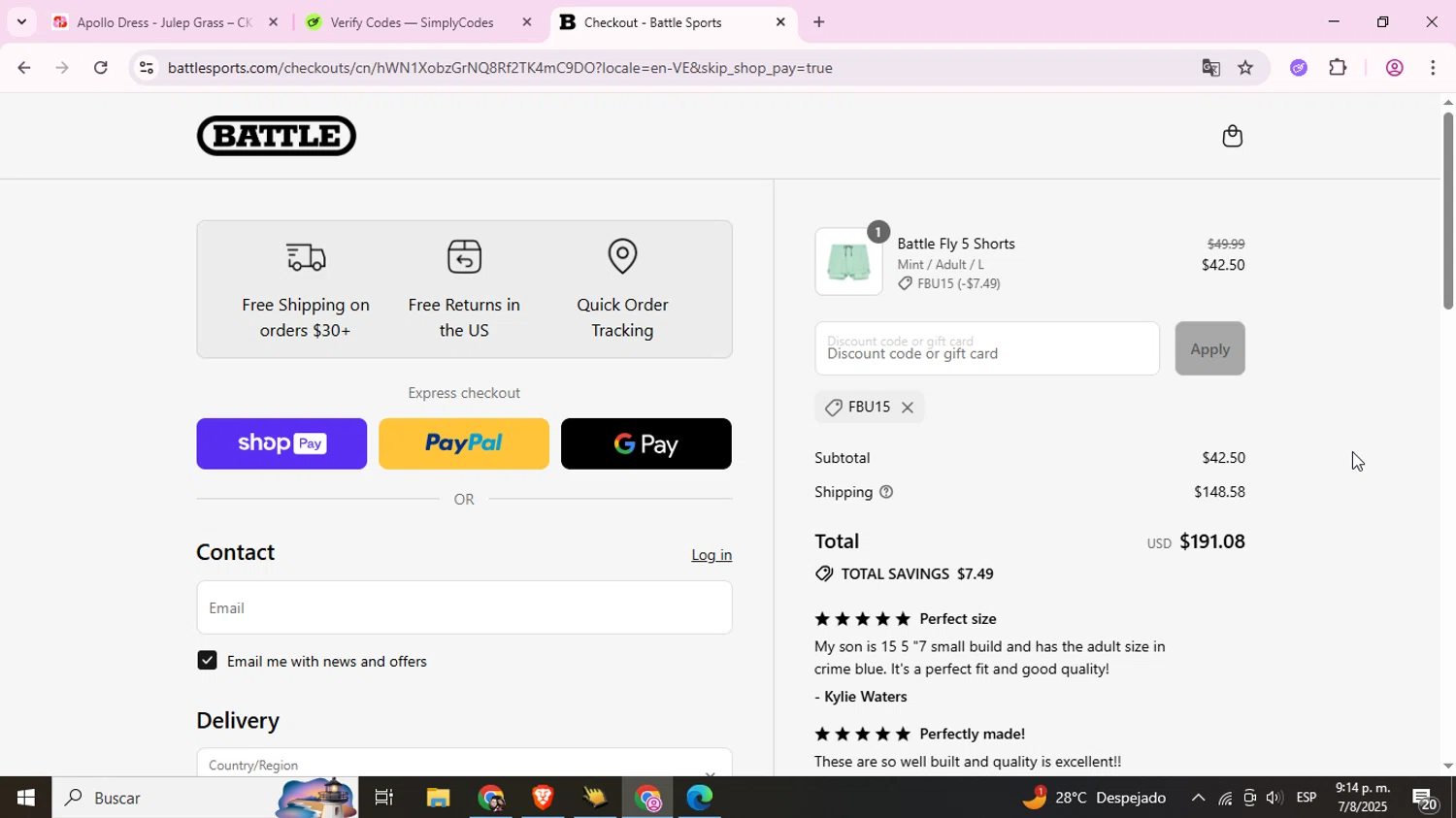 Battle Sports coupon code screenshot showing code FBU15 applied at Battle Sports checkout page. Uploaded by SimplyCodes community member TokenAce5969 on Aug 8, 2025