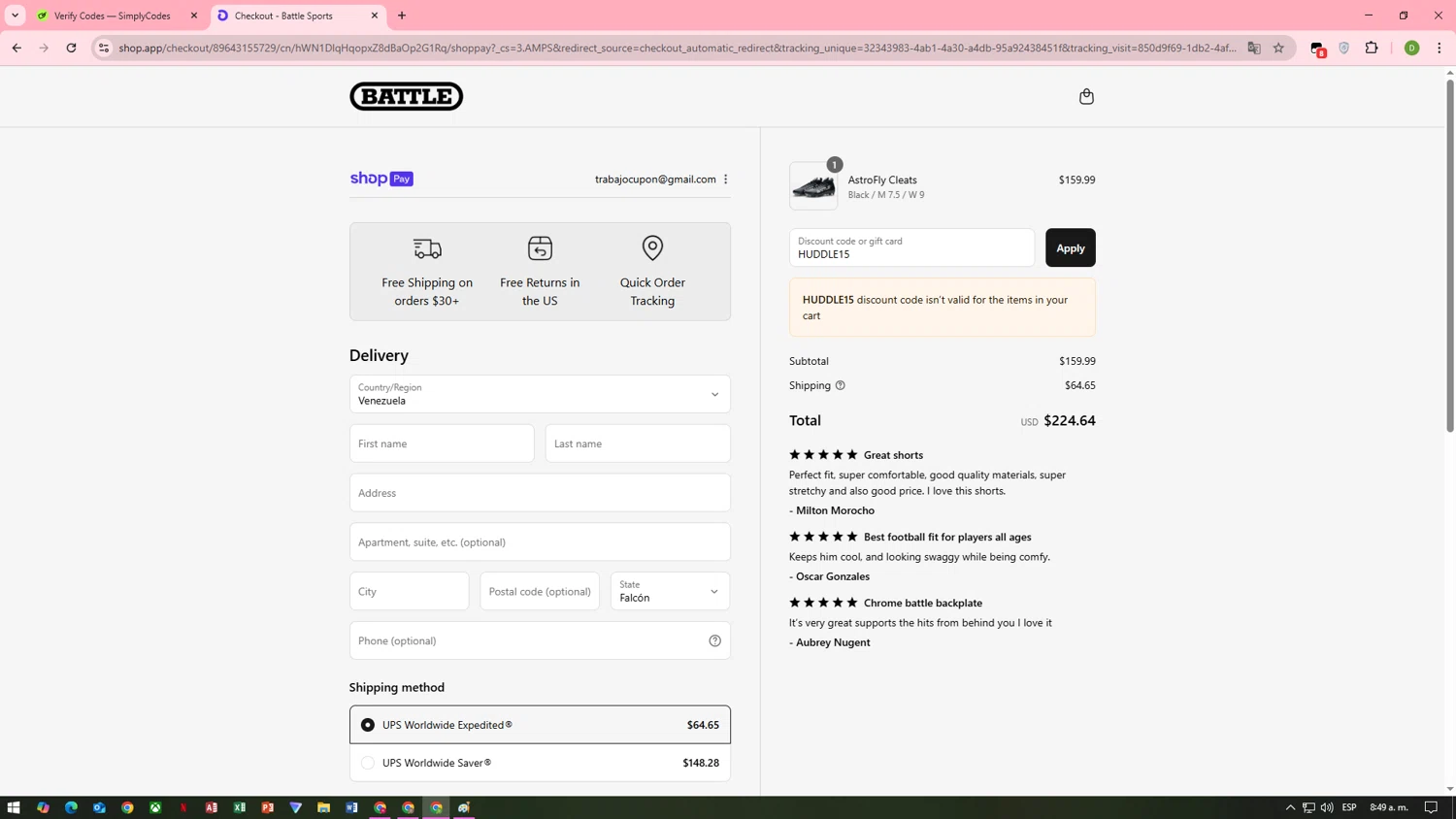Battle Sports coupon code screenshot showing code HUDDLE15 applied at Battle Sports checkout page. Uploaded by SimplyCodes community member MoneyMaven8597 on Jul 30, 2025