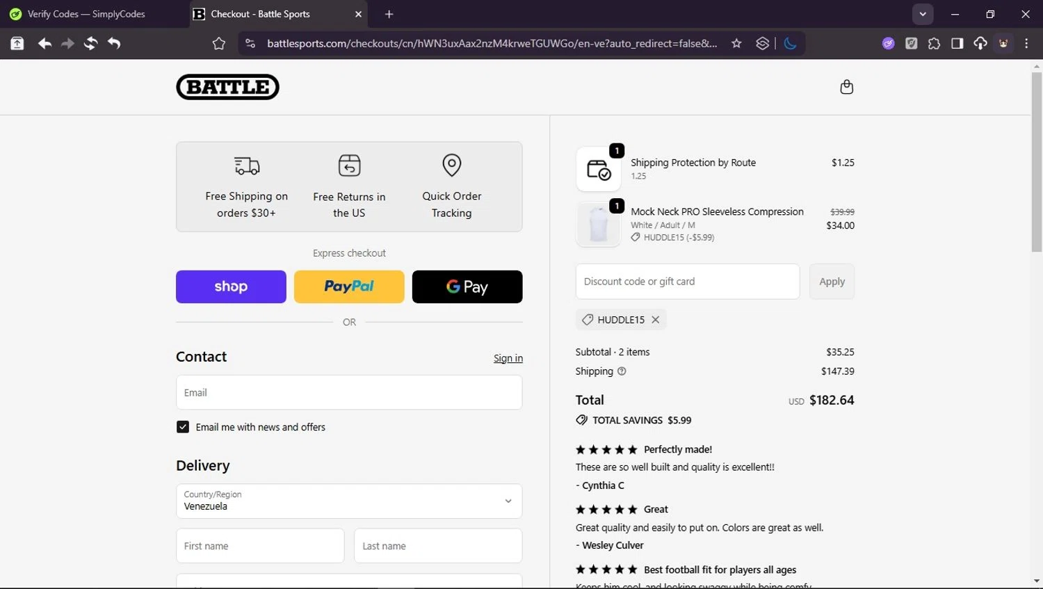 Battle Sports coupon code screenshot showing code HUDDLE15 applied at Battle Sports checkout page. Uploaded by SimplyCodes community member Userr2 on Oct 9, 2025