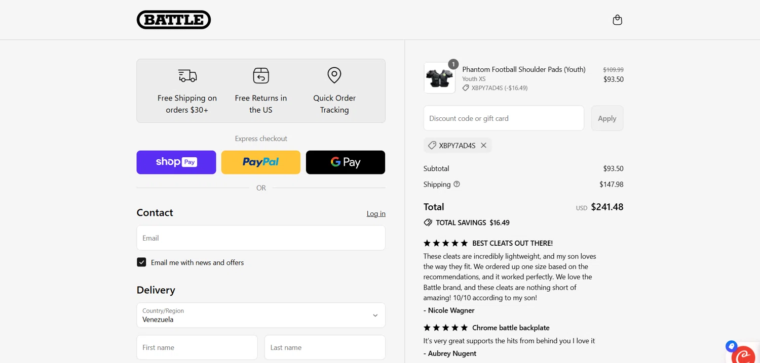 Battle Sports coupon code screenshot showing code XBPY7AD4S applied at Battle Sports checkout page. Uploaded by SimplyCodes community member Dorothy on Aug 15, 2025