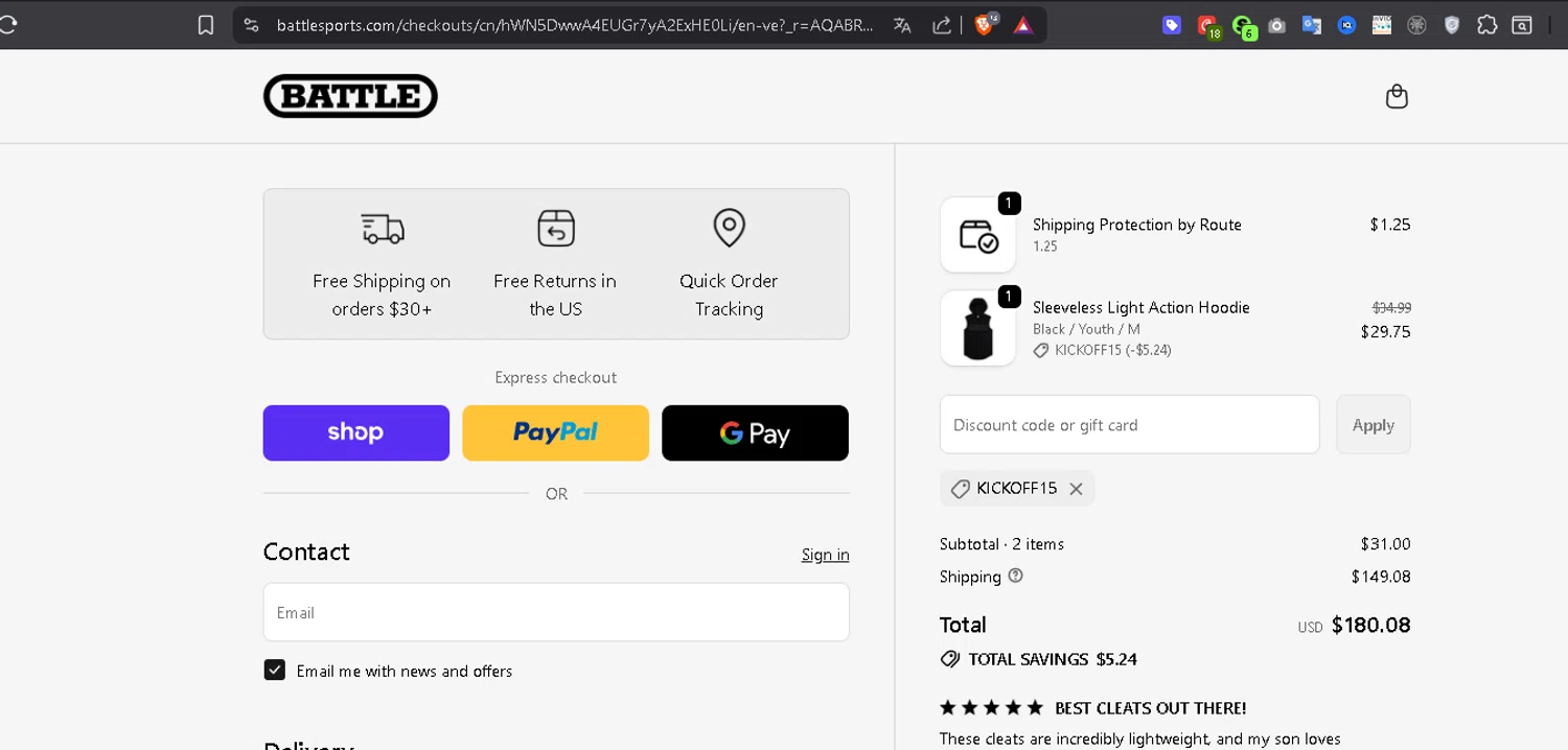 Battle Sports coupon code screenshot showing code KICKOFF15 applied at Battle Sports checkout page. Uploaded by SimplyCodes community member Serdanvz on Nov 13, 2025