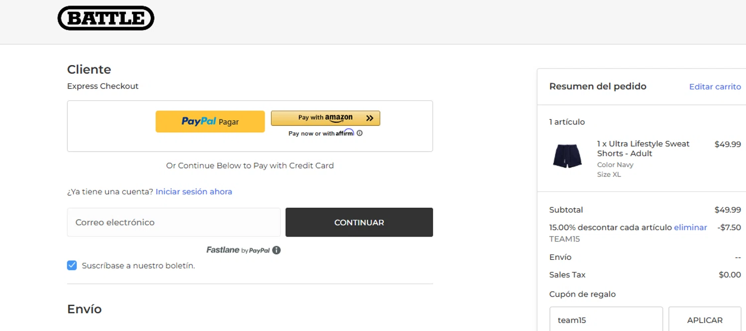 Battle Sports coupon code screenshot showing code team15 applied at Battle Sports checkout page. Uploaded by SimplyCodes community member ashe1986 on May 21, 2025