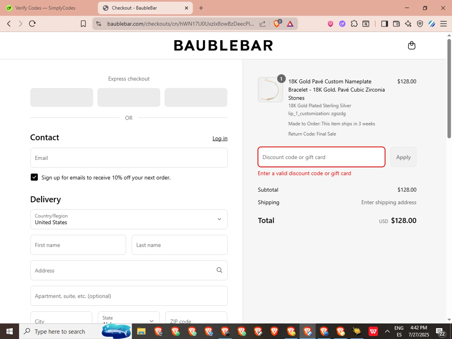 BaubleBar discount code screenshot showing code AOVF4NWJ8N applied at BaubleBar checkout page. Uploaded by SimplyCodes community member LuckyVoyager329 on Jul 27, 2025