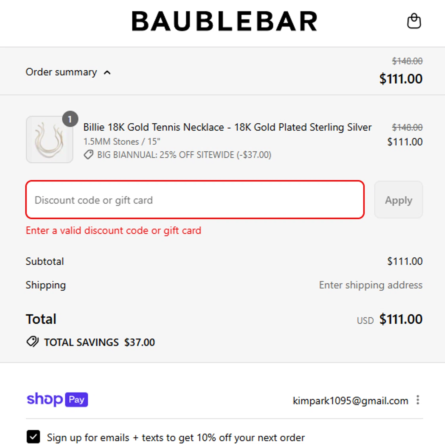 BaubleBar discount code screenshot showing code AOVF4NWJ8N applied at BaubleBar checkout page. Uploaded by SimplyCodes community member Pinkicuat on Aug 9, 2025