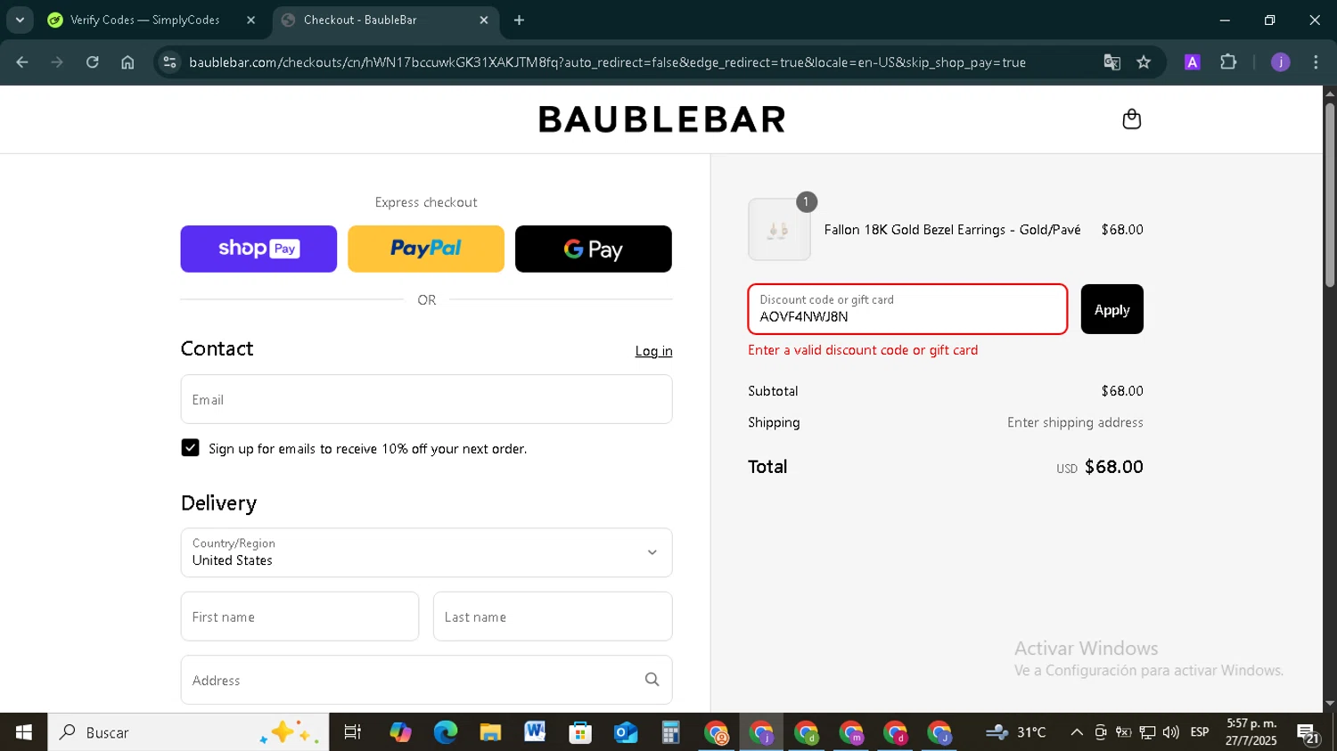 BaubleBar discount code screenshot showing code AOVF4NWJ8N applied at BaubleBar checkout page. Uploaded by SimplyCodes community member TAZ2024 on Jul 27, 2025