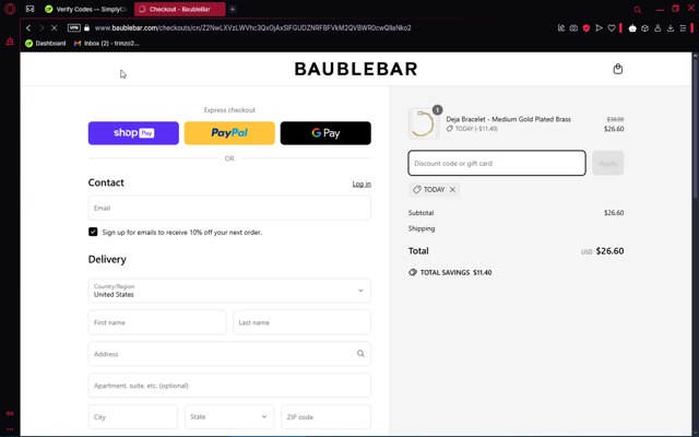 BaubleBar checkout page showing BaubleBar discount code box | Screenshot taken by SimplyCodes community member on Mar 29, 2025
