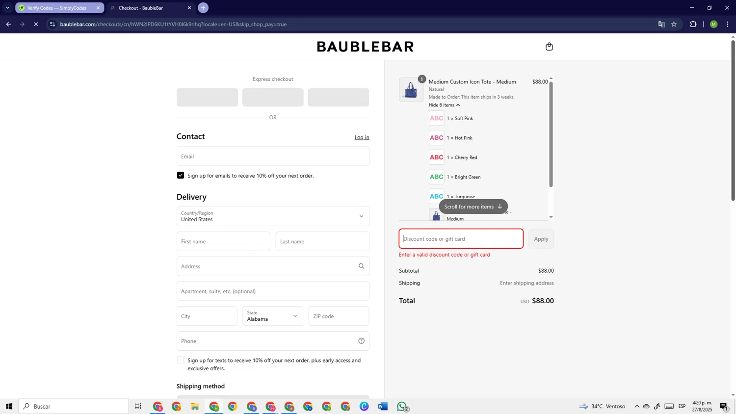 BaubleBar discount code screenshot showing code PA5M4JLQCT applied at BaubleBar checkout page. Uploaded by SimplyCodes community member PrimeSage6924 on Aug 27, 2025