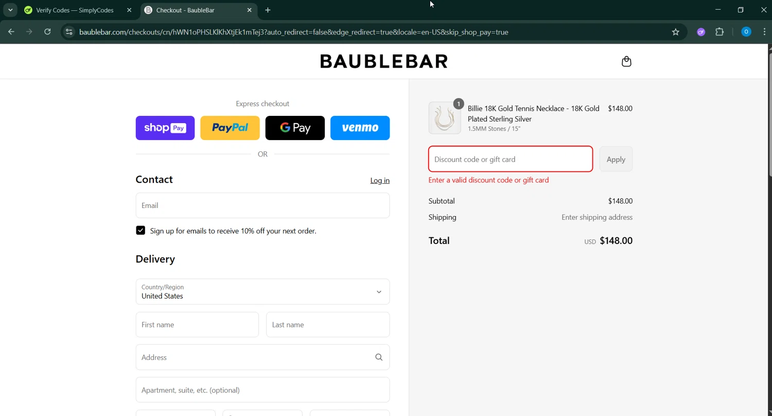 BaubleBar discount code screenshot showing code CATBRC7G6L applied at BaubleBar checkout page. Uploaded by SimplyCodes community member GoldChaser6627 on Aug 15, 2025