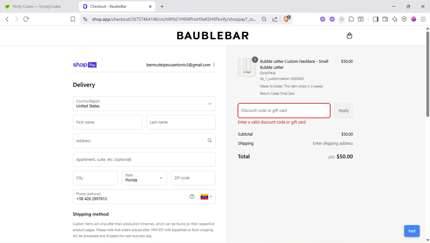 BaubleBar discount code screenshot showing code CATBRC7G6L applied at BaubleBar checkout page. Uploaded by SimplyCodes community member SapeGato on Aug 20, 2025