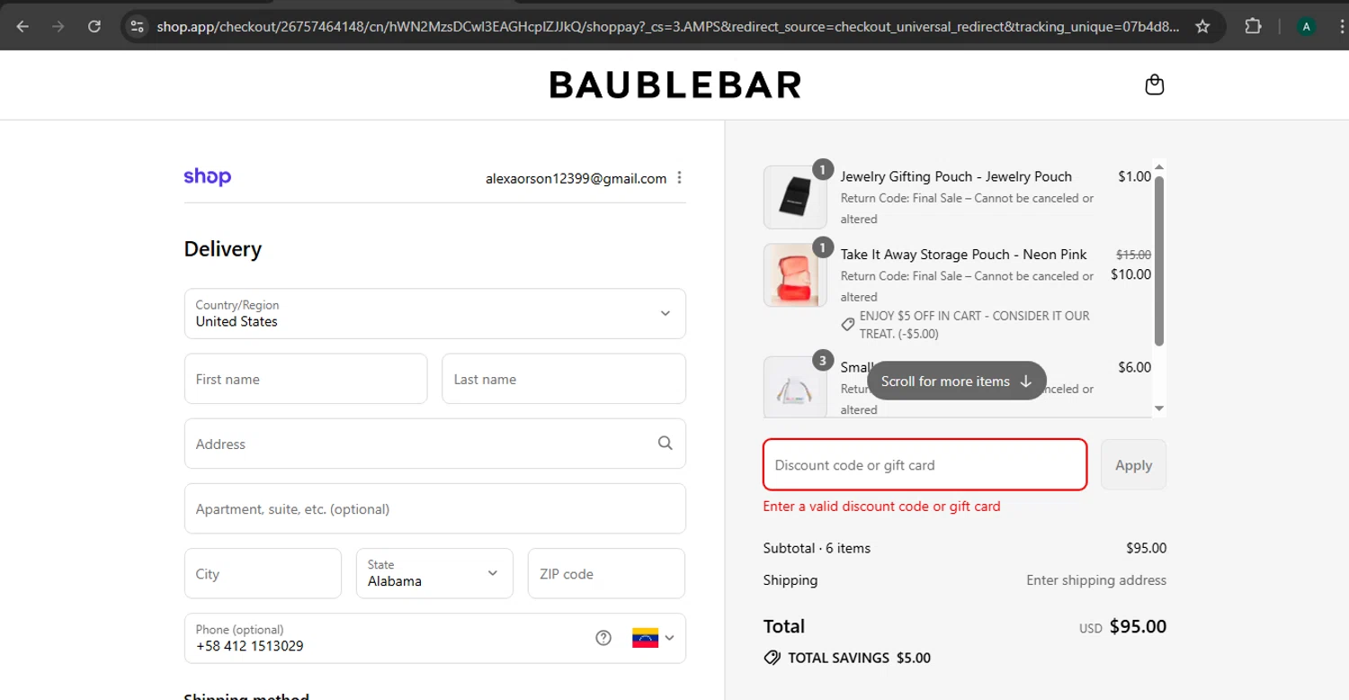 BaubleBar discount code screenshot showing code BBEDFMNQGXS applied at BaubleBar checkout page. Uploaded by SimplyCodes community member CoinGuardian4017 on Aug 29, 2025