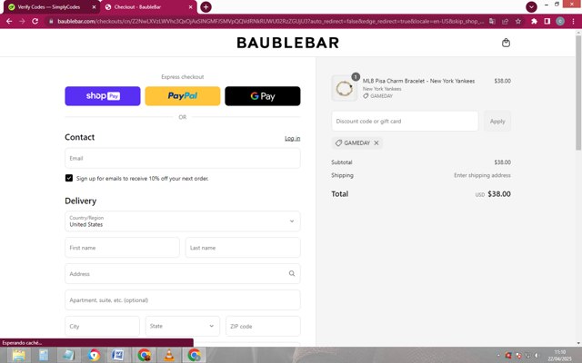 BaubleBar checkout page showing BaubleBar discount code box | Screenshot taken by SimplyCodes community member on Apr 22, 2025