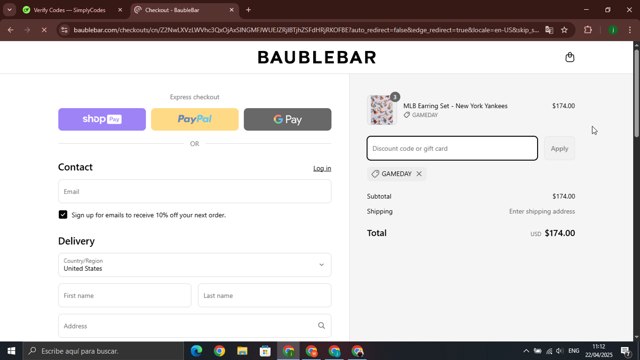 BaubleBar checkout page showing BaubleBar discount code box | Screenshot taken by SimplyCodes community member on Apr 22, 2025