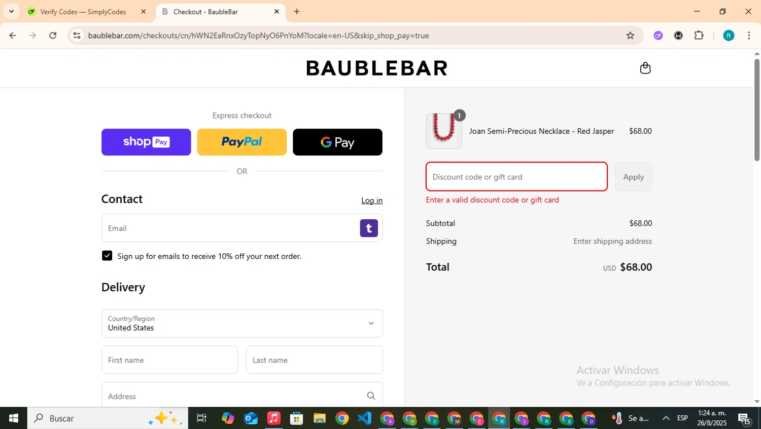 BaubleBar discount code screenshot showing code CHELSEA15 applied at BaubleBar checkout page. Uploaded by SimplyCodes community member BudgetHero4407 on Aug 26, 2025