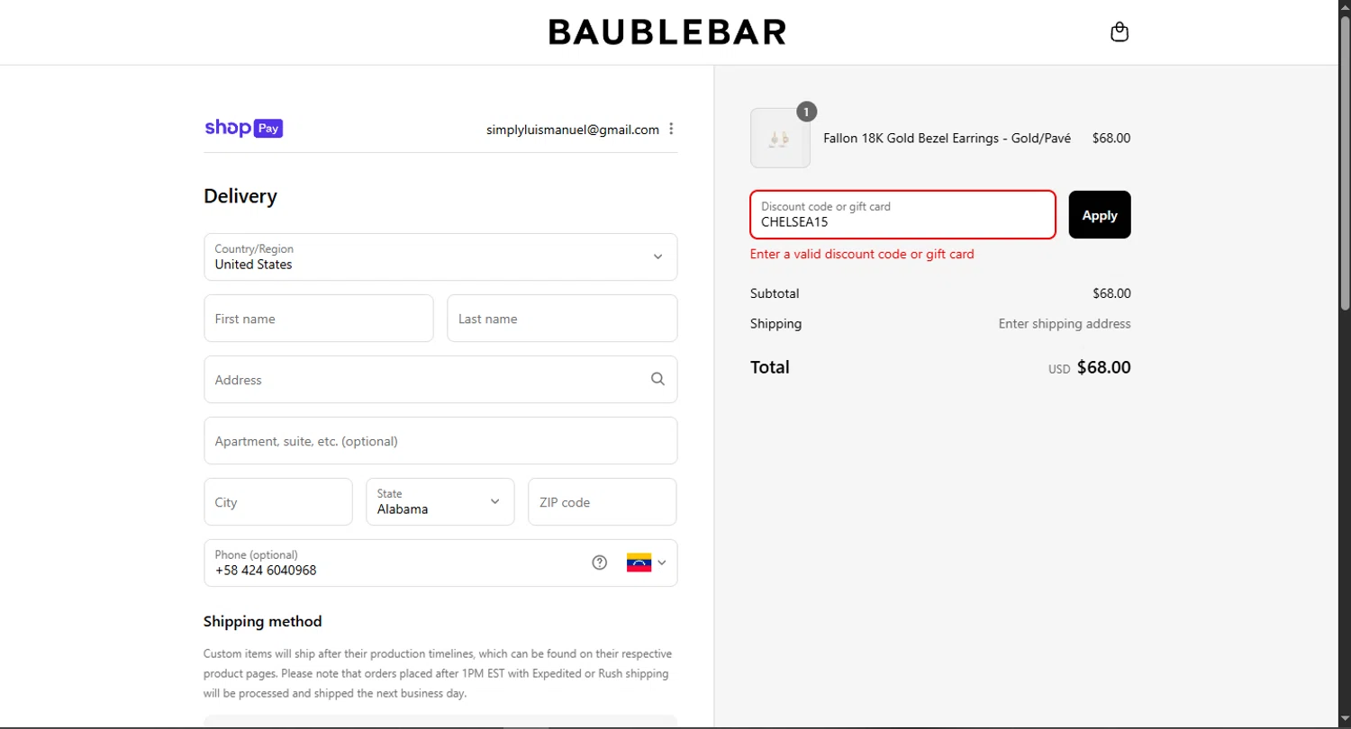 BaubleBar discount code screenshot showing code CHELSEA15 applied at BaubleBar checkout page. Uploaded by SimplyCodes community member CouponHero3179 on Aug 16, 2025