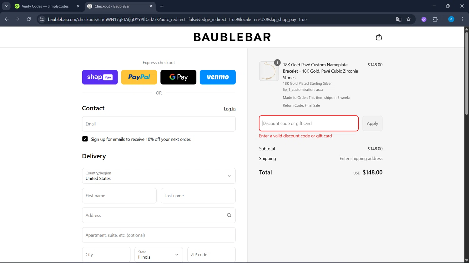 BaubleBar discount code screenshot showing code CHELSEA15 applied at BaubleBar checkout page. Uploaded by SimplyCodes community member WiseHawk9255 on Aug 19, 2025