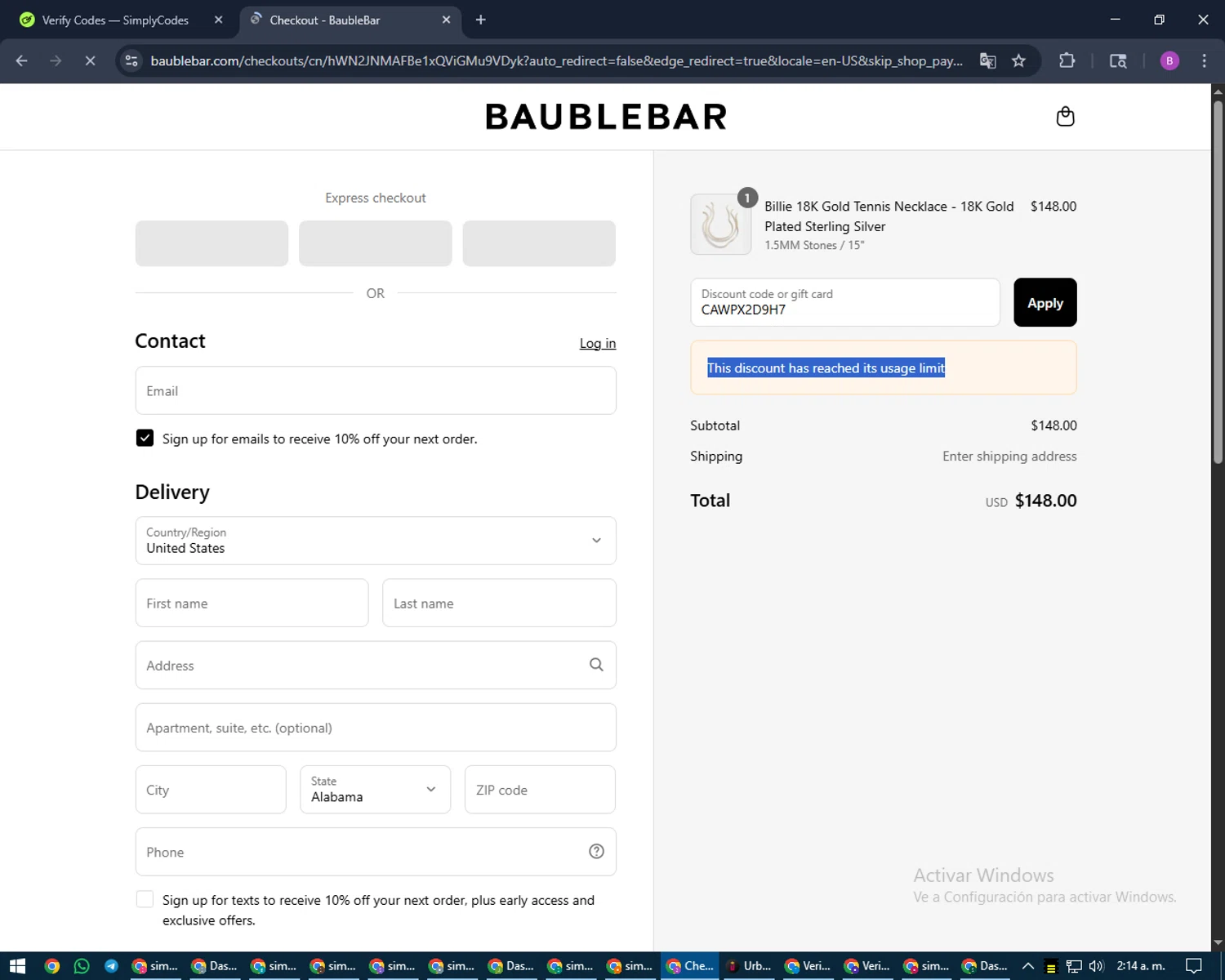 BaubleBar discount code screenshot showing code CAWPX2D9H7 applied at BaubleBar checkout page. Uploaded by SimplyCodes community member travisscott on Aug 28, 2025