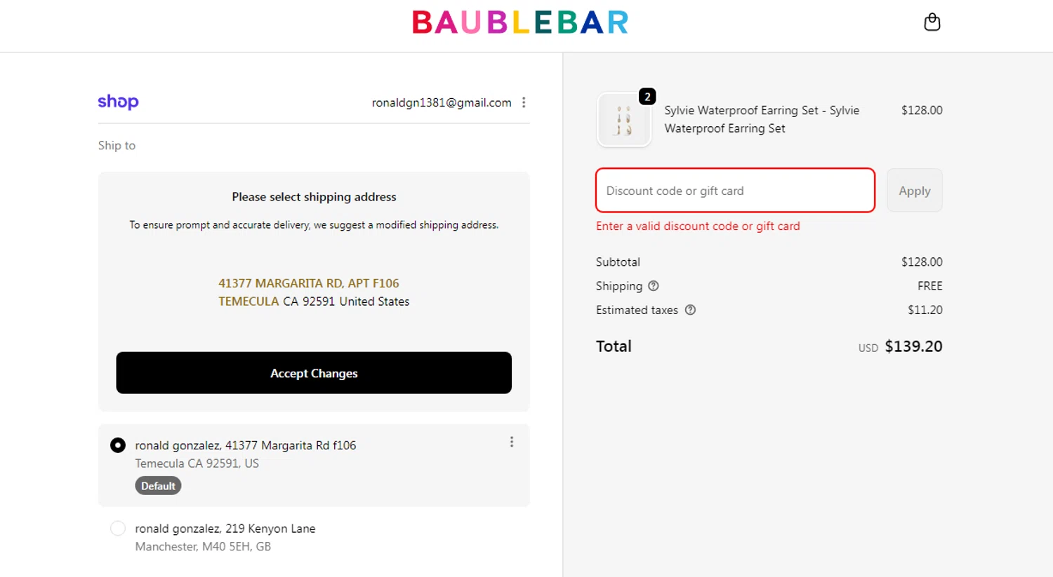 BaubleBar promo code screenshot showing code PA2PCQFRJ3 applied at BaubleBar checkout page. Uploaded by SimplyCodes community member SmartSaver7916 on Feb 20, 2026