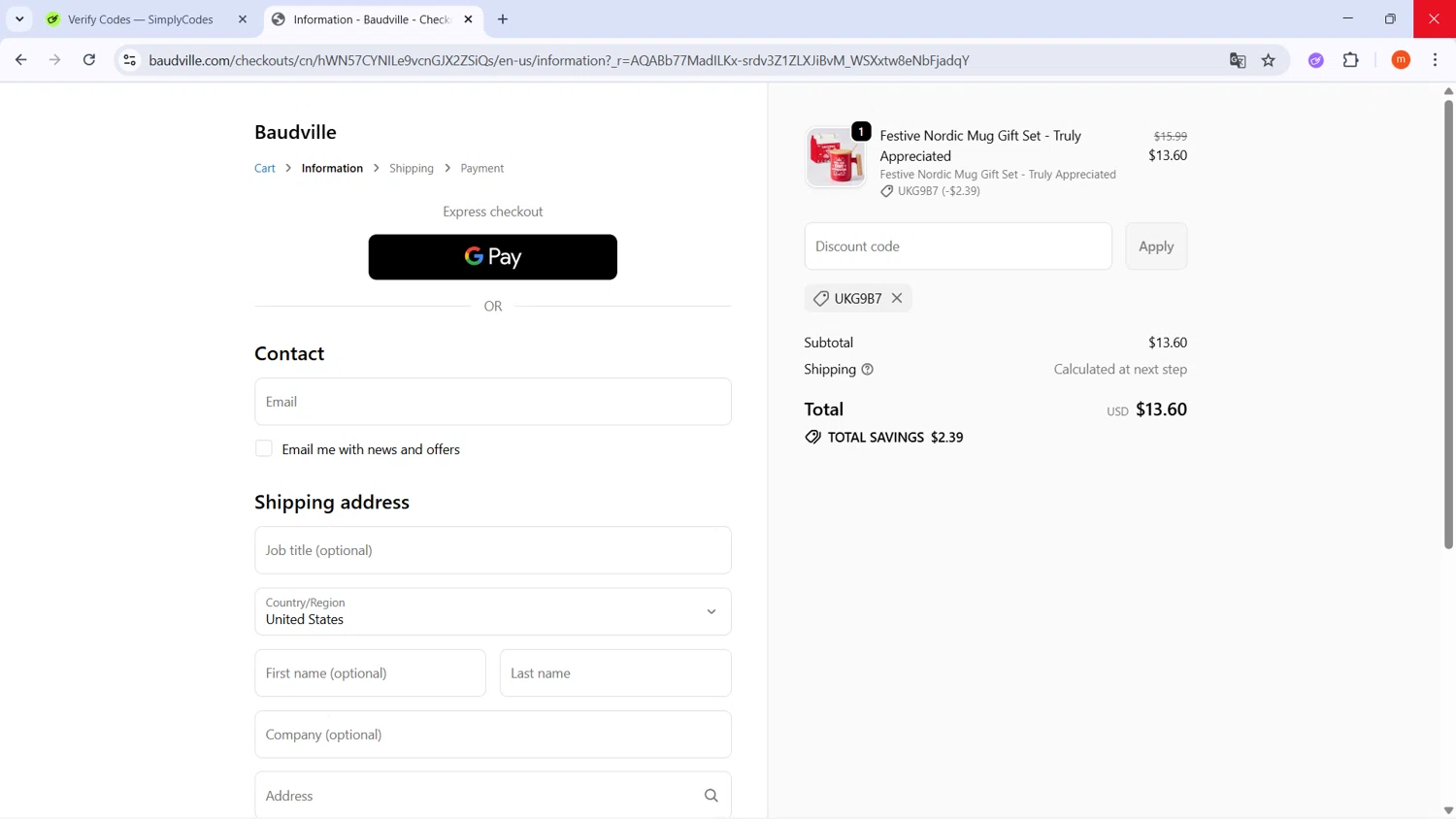 Baudville discount code screenshot showing code UKG9B7 applied at Baudville checkout page. Uploaded by SimplyCodes community member PromoMonarch895 on Nov 10, 2025