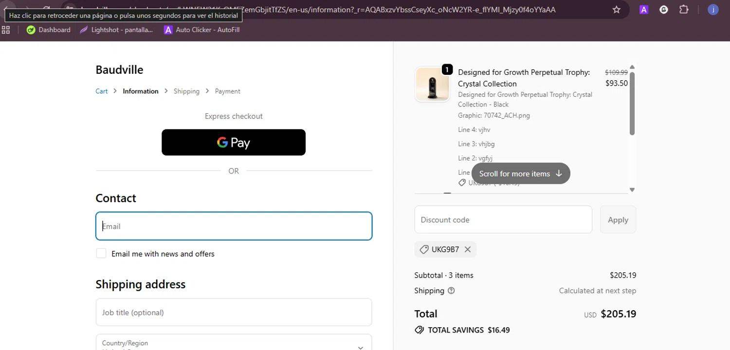 Baudville discount code screenshot showing code UKG9B7 applied at Baudville checkout page. Uploaded by SimplyCodes community member RebateFalcon3172 on Nov 20, 2025