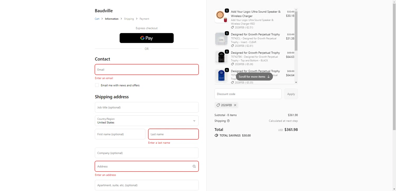 Baudville checkout page showing Baudville discount code box | Screenshot taken by SimplyCodes community member on Feb 1, 2026