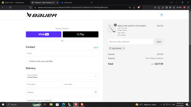 BAUER checkout page showing BAUER discount code box | Screenshot taken by SimplyCodes community member on Dec 8, 2024