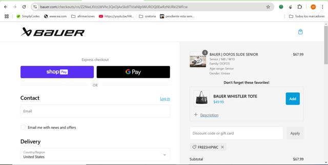 BAUER checkout page showing BAUER discount code box | Screenshot taken by SimplyCodes community member on Jan 1, 2025