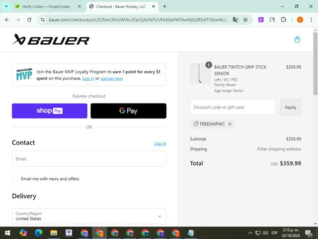BAUER checkout page showing BAUER discount code box | Screenshot taken by SimplyCodes community member on Oct 22, 2024