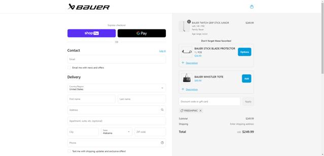 BAUER checkout page showing BAUER discount code box | Screenshot taken by SimplyCodes community member on May 7, 2025
