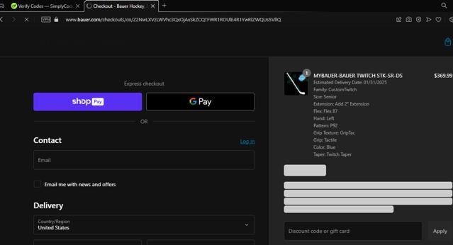 BAUER checkout page showing BAUER discount code box | Screenshot taken by SimplyCodes community member on Dec 17, 2024