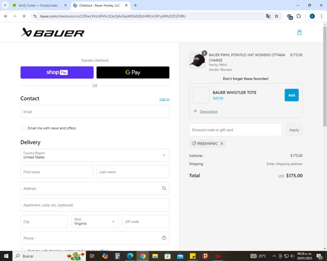 BAUER checkout page showing BAUER discount code box | Screenshot taken by SimplyCodes community member on Jan 30, 2025