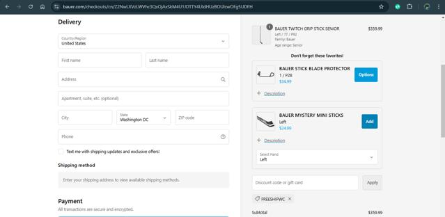BAUER checkout page showing BAUER discount code box | Screenshot taken by SimplyCodes community member on Nov 9, 2024