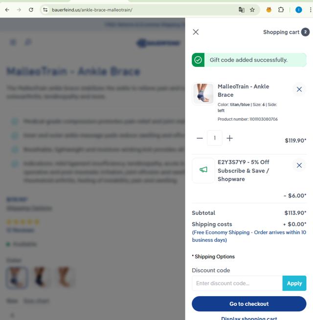 Bauerfeind checkout page showing Bauerfeind coupon code box | Screenshot taken by SimplyCodes community member on Aug 27, 2025