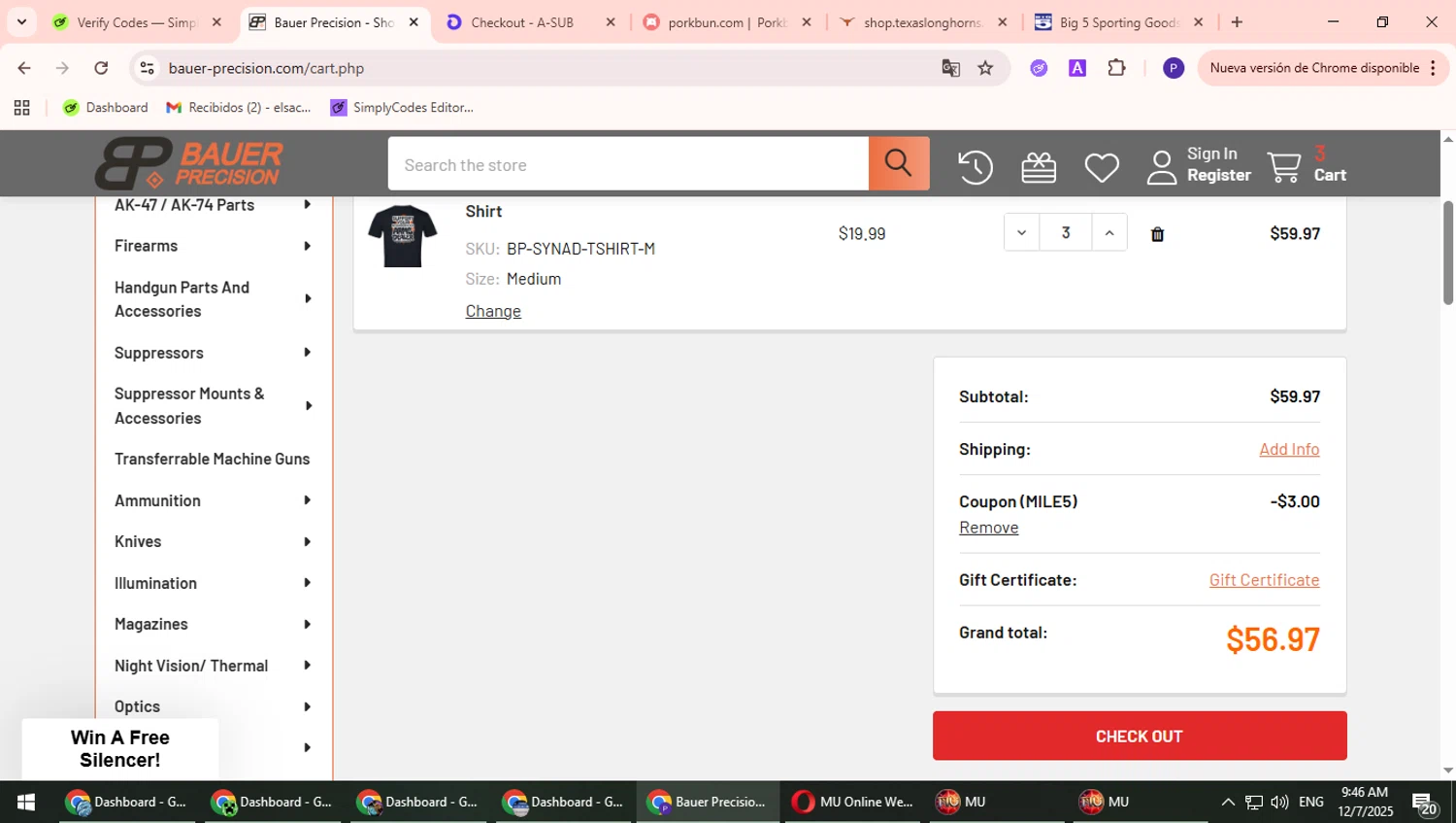 Bauer Precision discount code screenshot showing code MILE5 applied at Bauer Precision checkout page. Uploaded by SimplyCodes community member Suicune on Dec 7, 2025