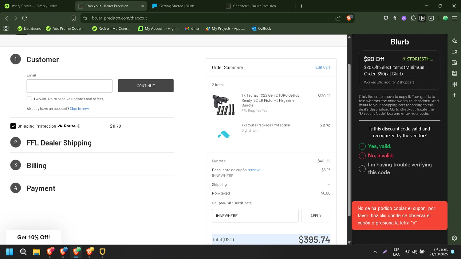 Bauer Precision discount code screenshot showing code IMNEWHERE applied at Bauer Precision checkout page. Uploaded by SimplyCodes community member PennyMonarch4540 on Oct 21, 2025