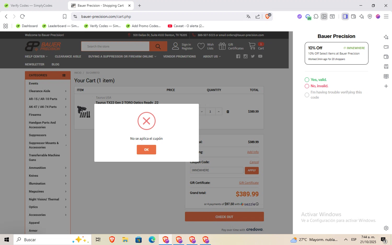Bauer Precision discount code screenshot showing code IMNEWHERE applied at Bauer Precision checkout page. Uploaded by SimplyCodes community member Rayyyyyy on Oct 21, 2025