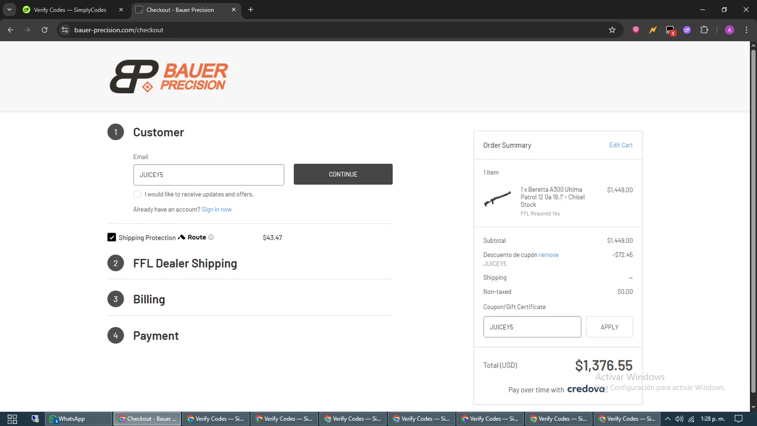 Bauer Precision discount code screenshot showing code JUICEY5 applied at Bauer Precision checkout page. Uploaded by SimplyCodes community member CouponScout5403 on Jun 25, 2025