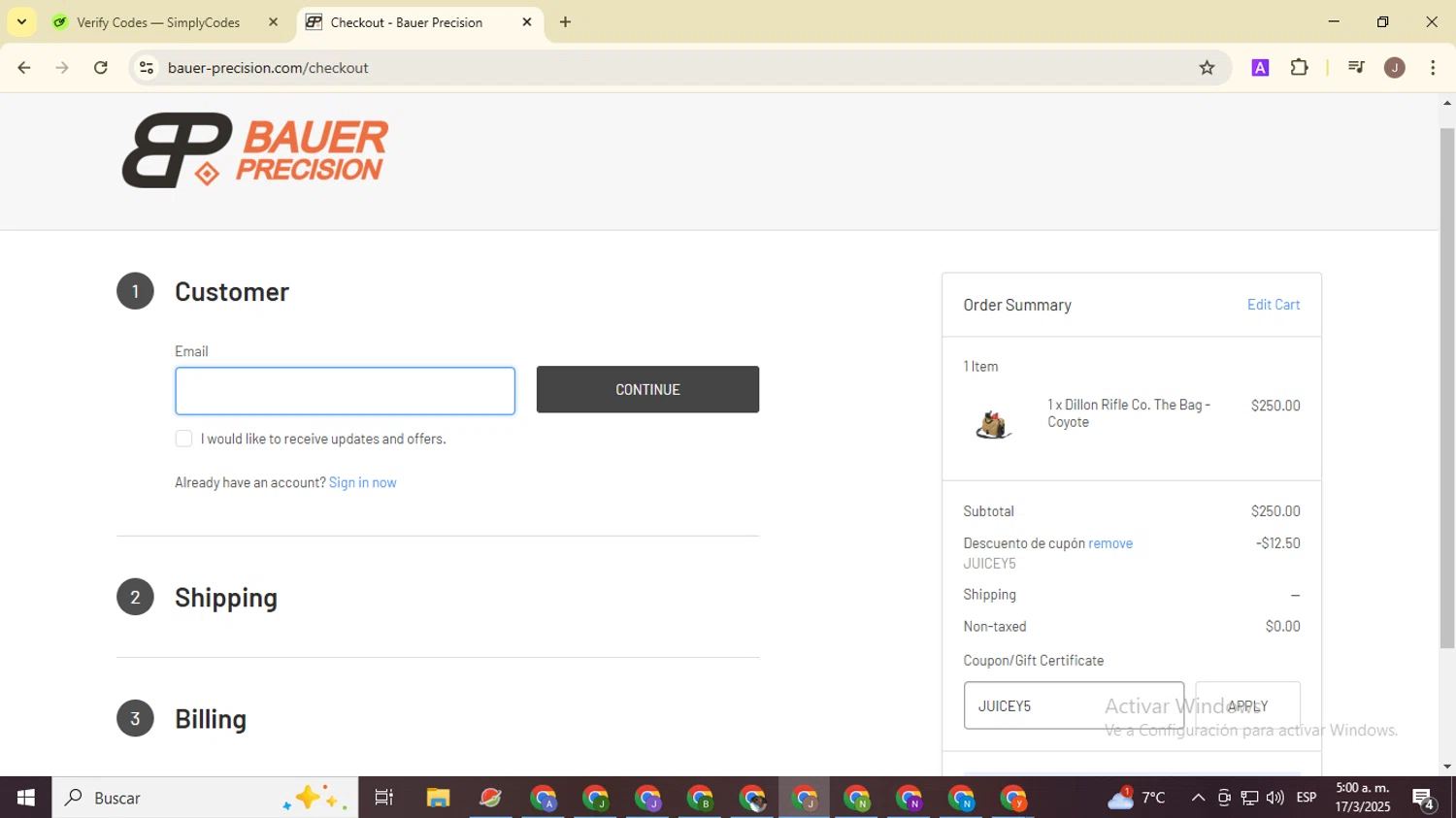 Bauer Precision discount code screenshot showing code JUICEY5 applied at Bauer Precision checkout page. Uploaded by SimplyCodes community member ValiantHero2365 on Mar 17, 2025